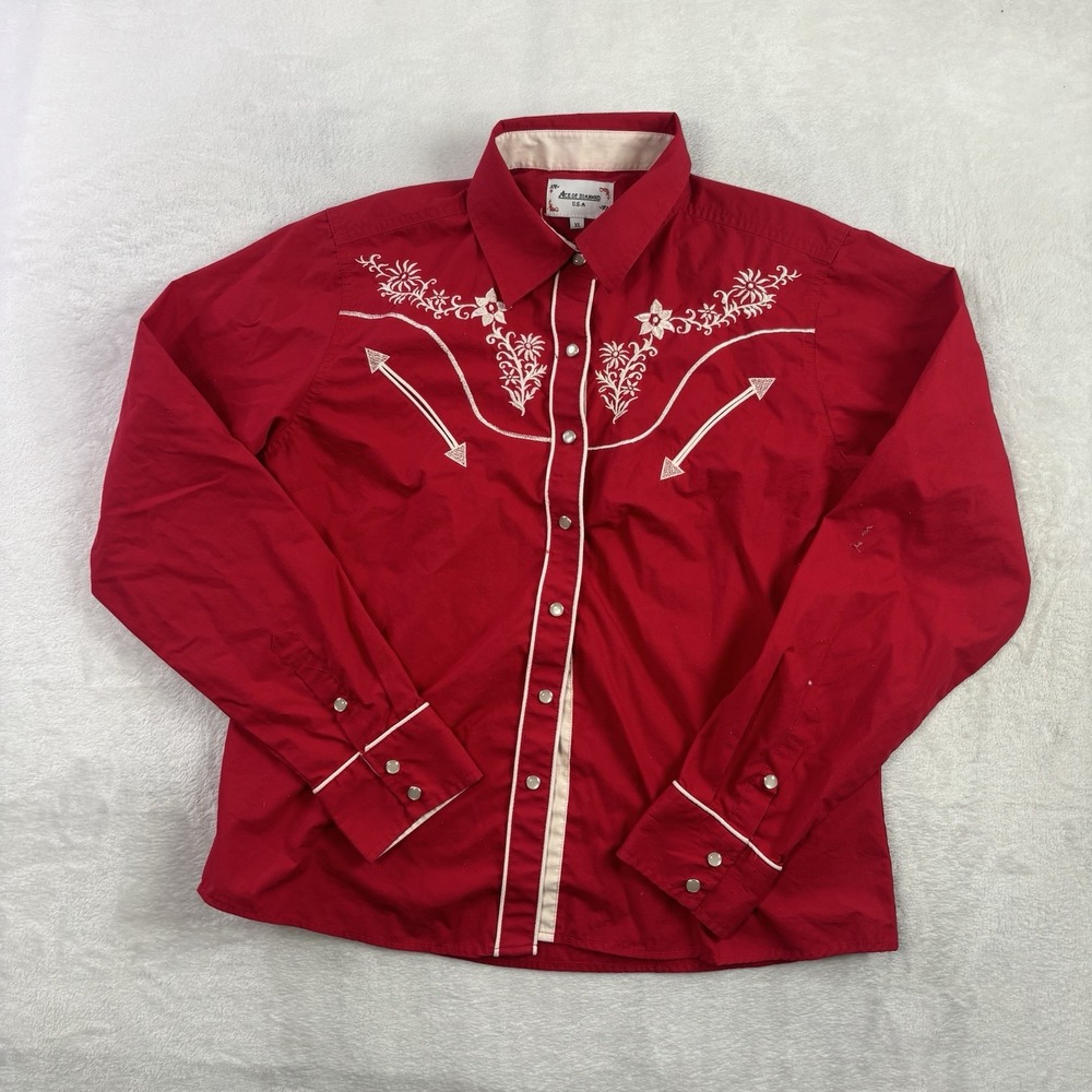 VTG Ace of Diamond Red Western Pearl Snap Long Sleeve Shirt Women's XL